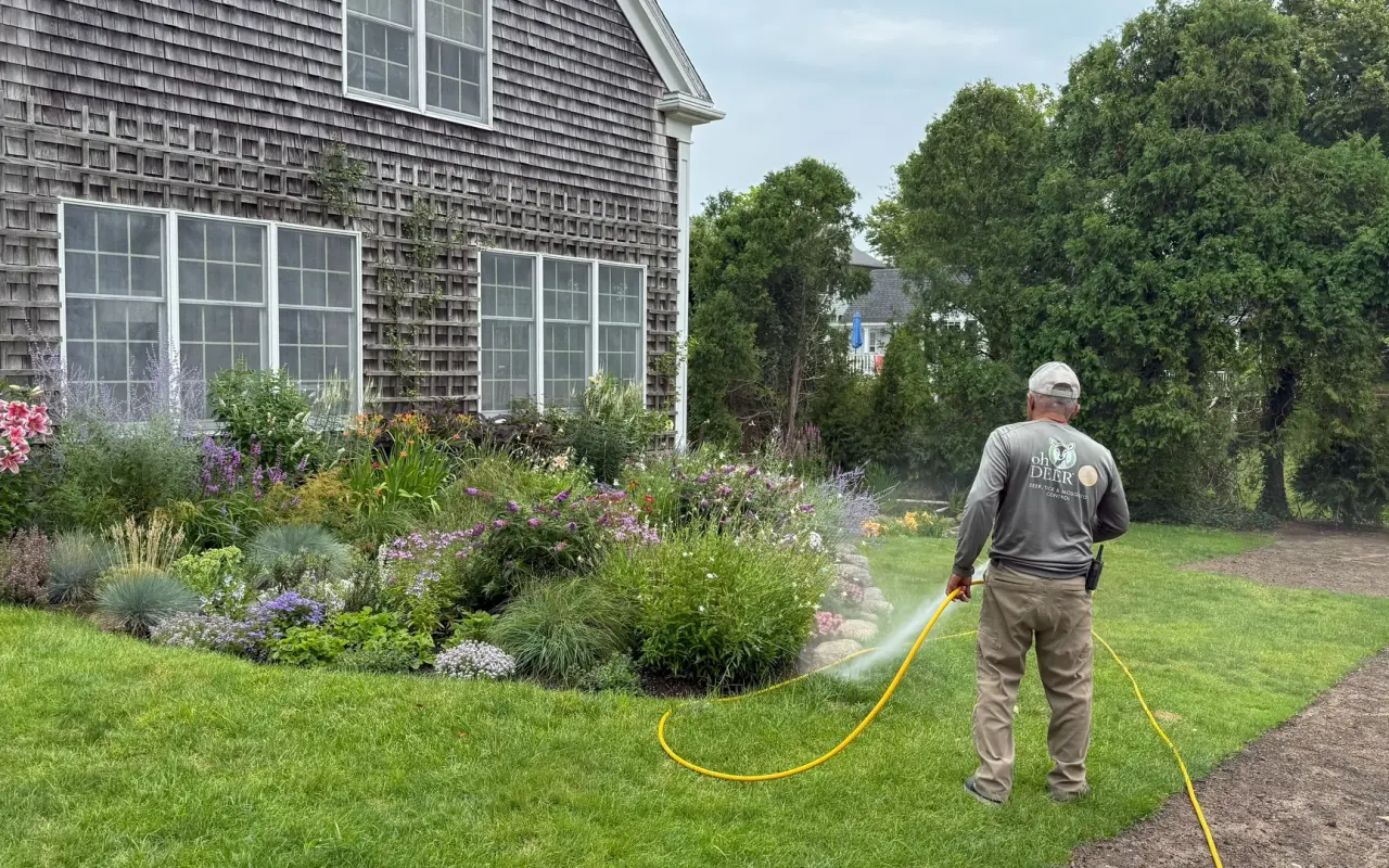 Technician spraying a shingled Martha's Vineyard yard for ticks and mosquitoes