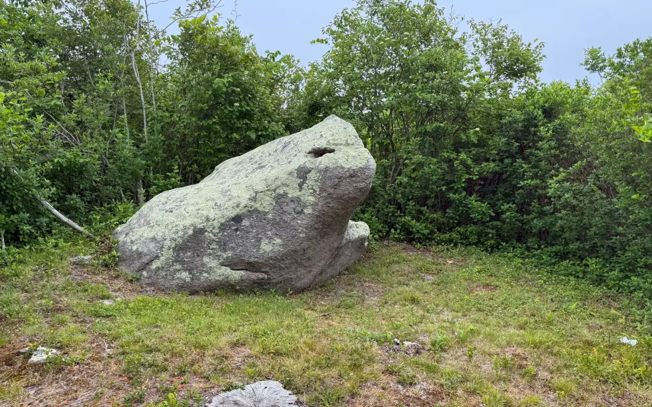 Large boulder beside the loop trail at Toad Rock Preserve in Chilmark