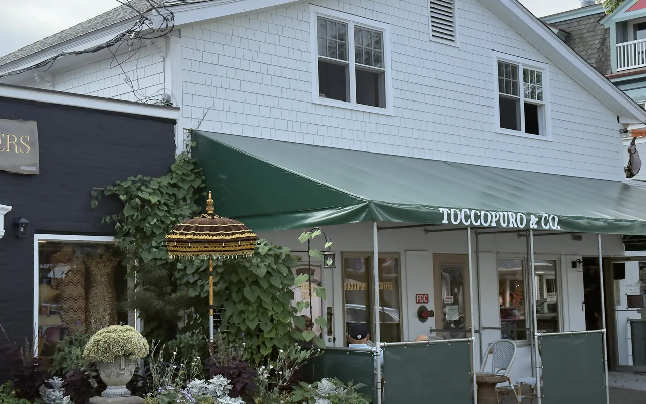 Toccopuro and Co. coffee shop under a green awning on Main Street in Vineyard Haven