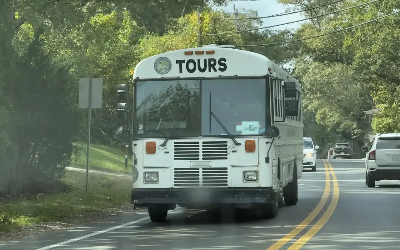 White tour bus with a Martha's Vineyard Sightseeing logo and the word TOURS above the windshield, driving on a tree-lined road in Vineyard Haven