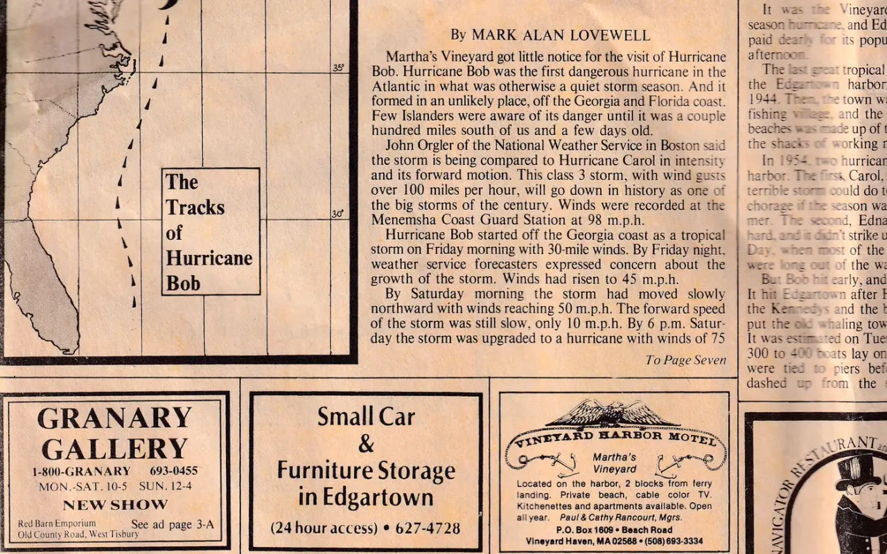 Newspaper map showing the track of Hurricane Bob in 1991 passing west of Martha’s Vineyard