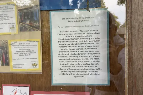 The congregation’s welcoming statement posted on the Trinity church board