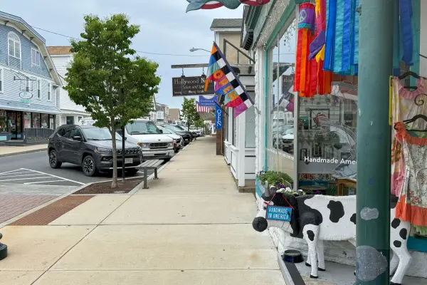 Shops and flags along upper Circuit Avenue, Oak Bluffs