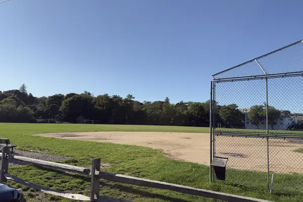 Home plate and the backstop at Veterans Memorial Park, off Lagoon Pond Road