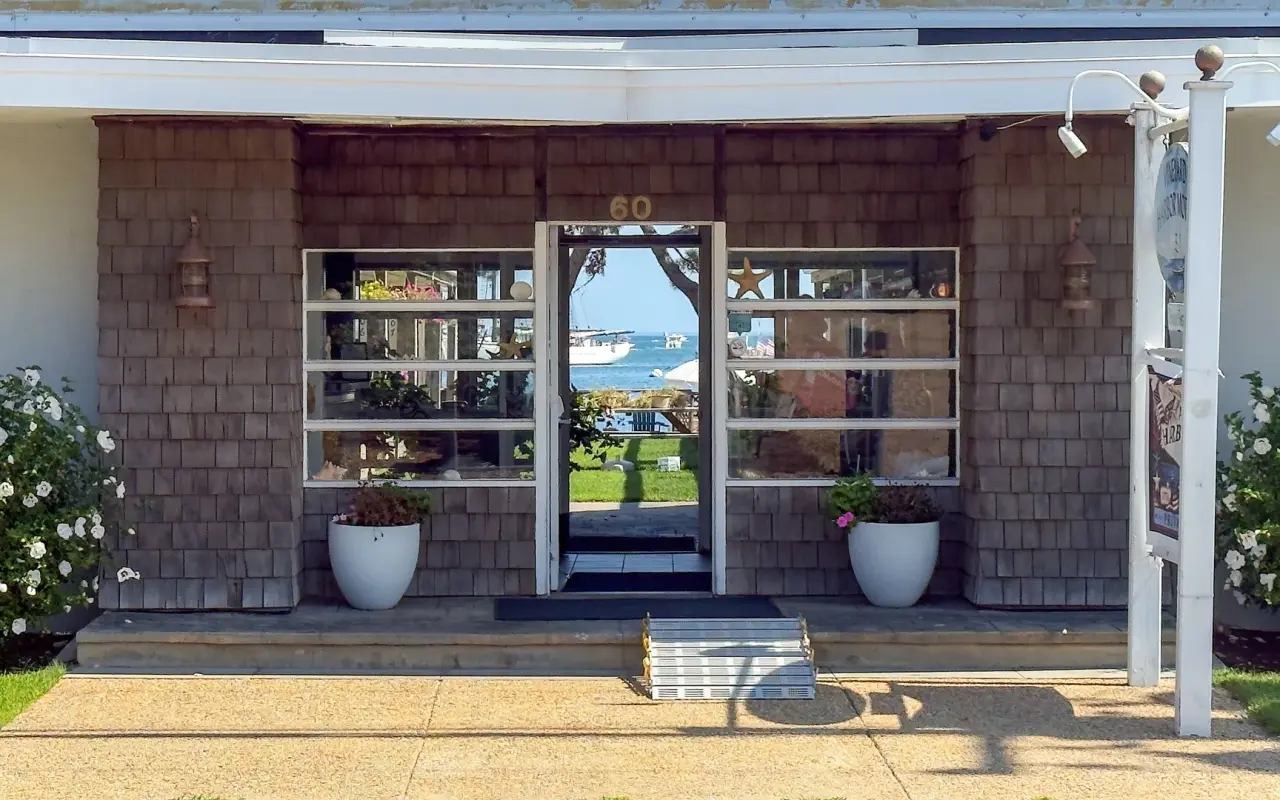View through the Vineyard Harbor Motel entrance to the harbor in Vineyard Haven
