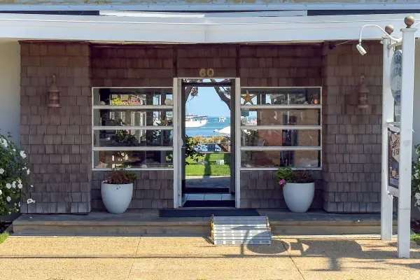 Looking straight through the Vineyard Harbor Motel entrance to the harbor behind it