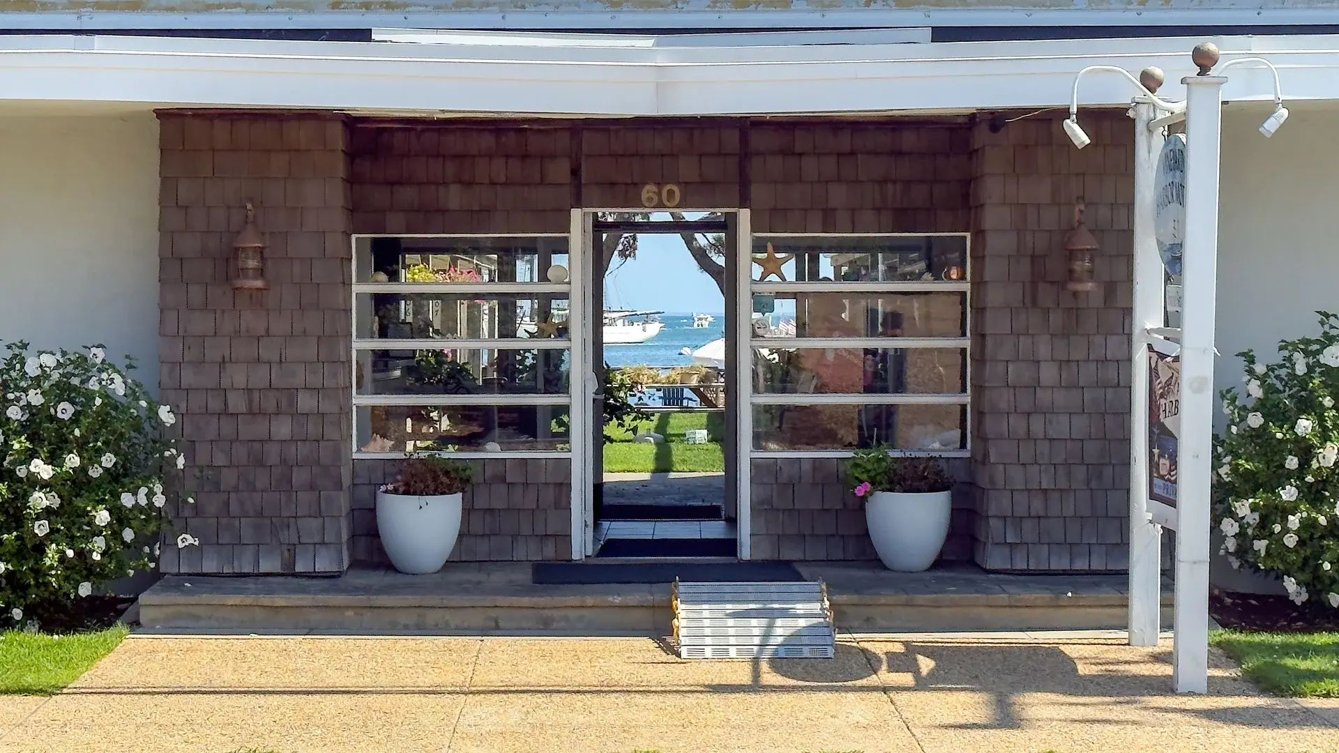 Looking straight through the Vineyard Harbor Motel entrance to the harbor behind it
