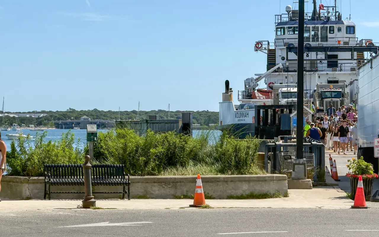 Passengers disembarking a busy Steamship Authority ferry in Vineyard Haven in 2026