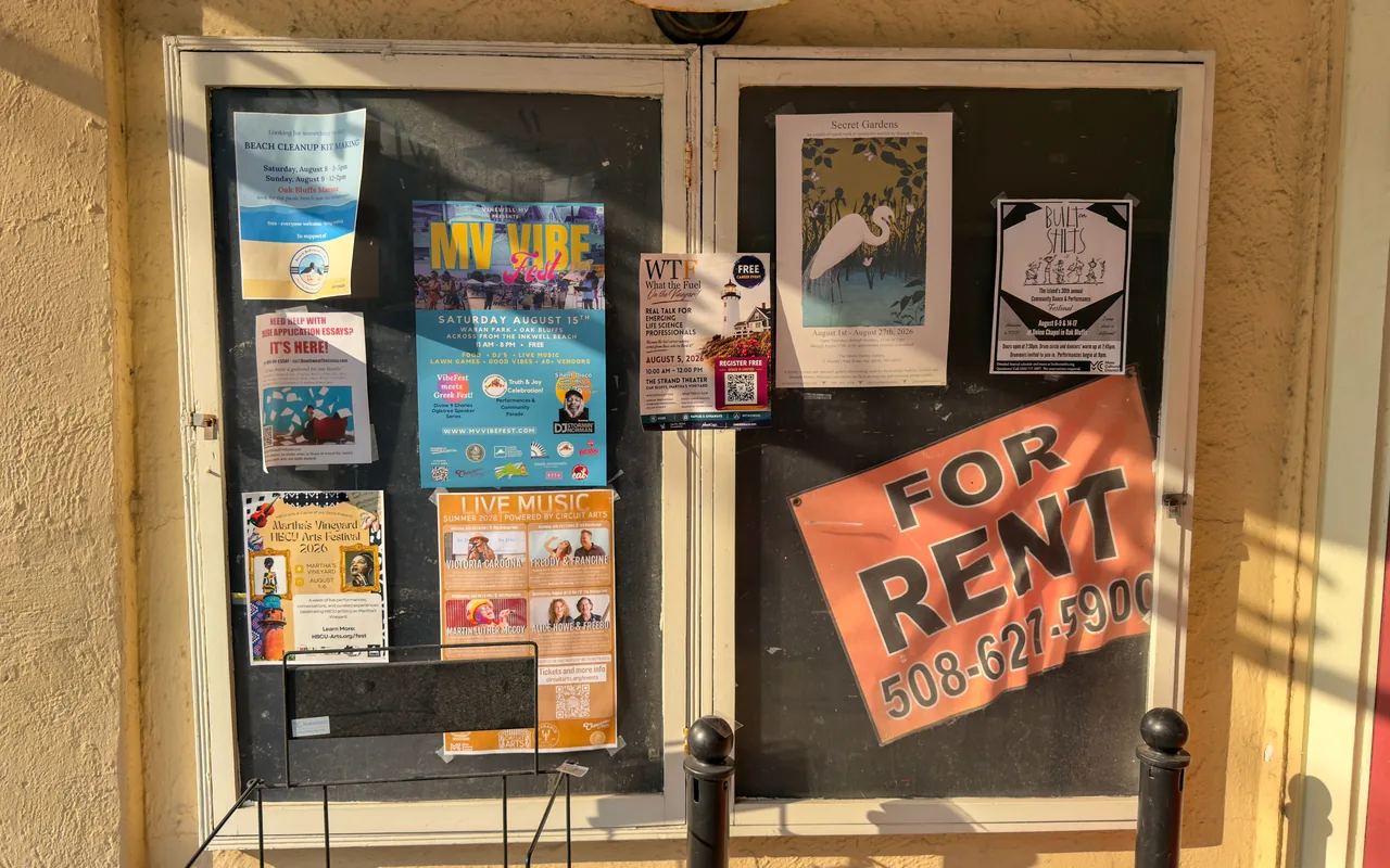 Community notice board in Vineyard Haven in August 2026