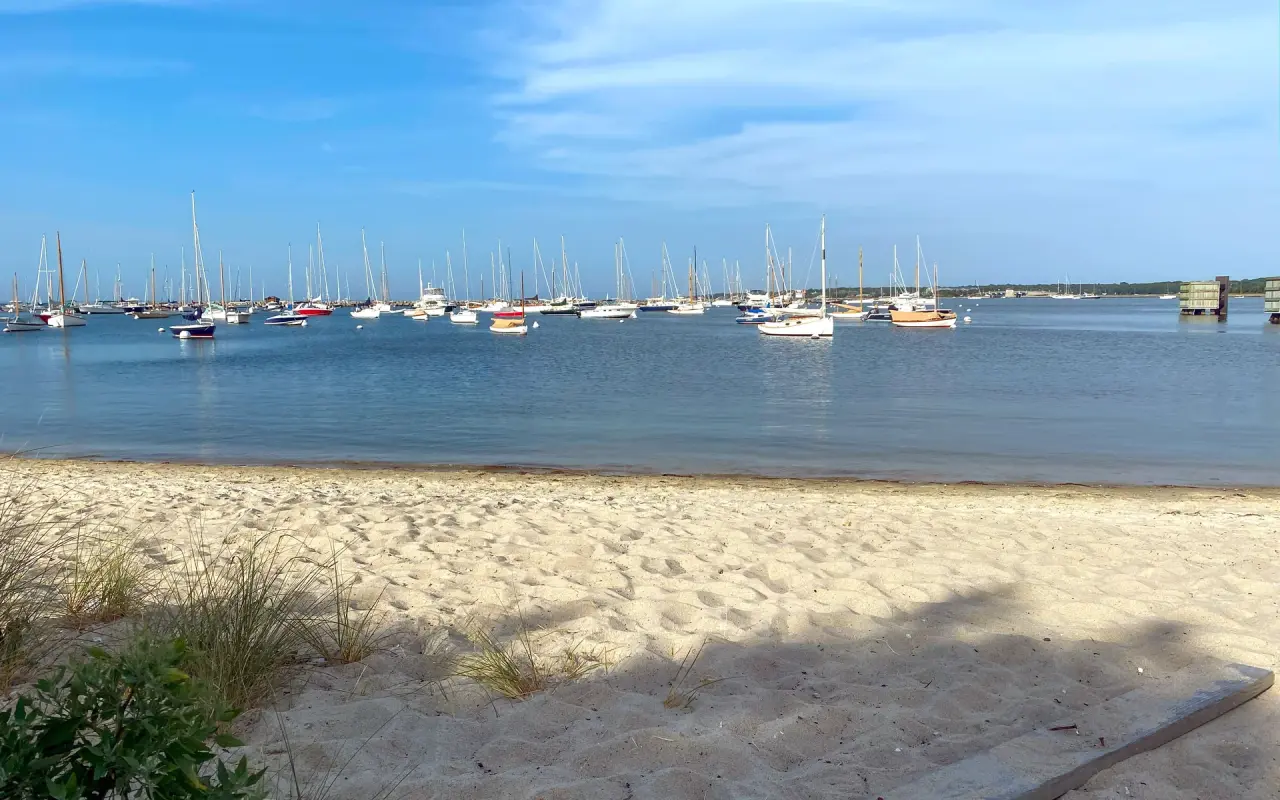 Sailboats moored off a sandy beach on Vineyard Haven harbor under a blue sky