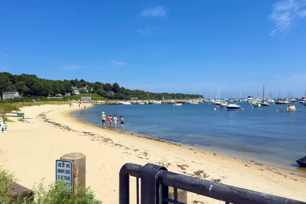 Harbor beach in Vineyard Haven with the mooring field beyond