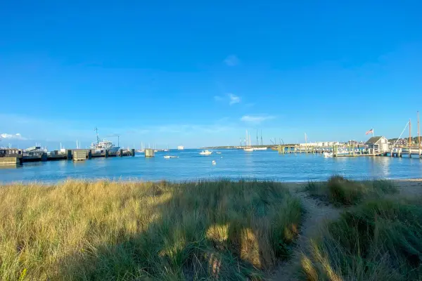 Boats and docks in Vineyard Haven Harbor on a clear day