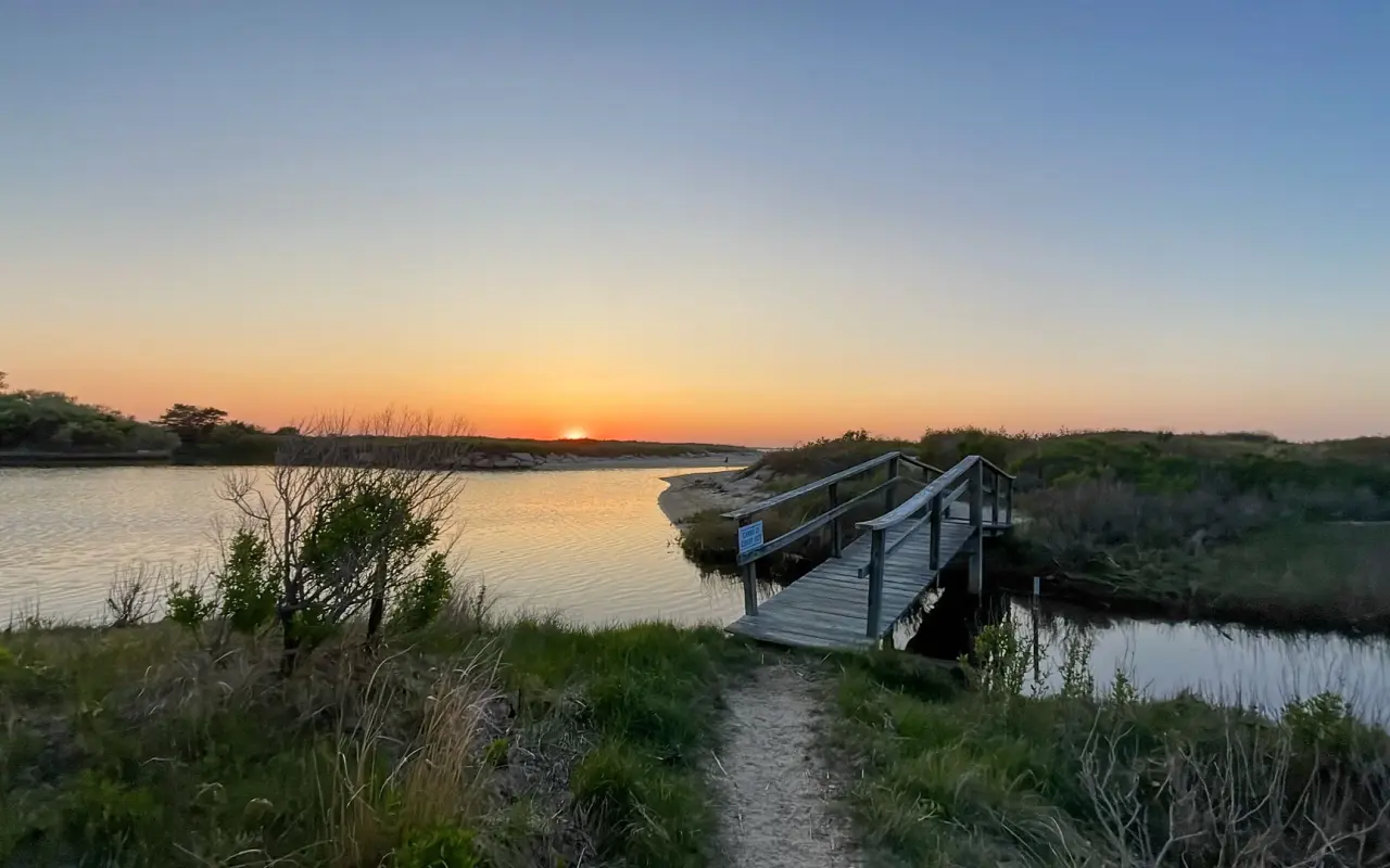 A wooden boardwalk through marsh grass at sunset near Vineyard Haven