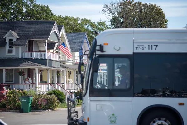 A fare-free VTA bus rolling through town