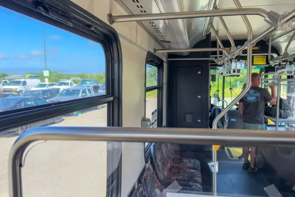 The Vineyard Haven park and ride lot seen from aboard a VTA bus