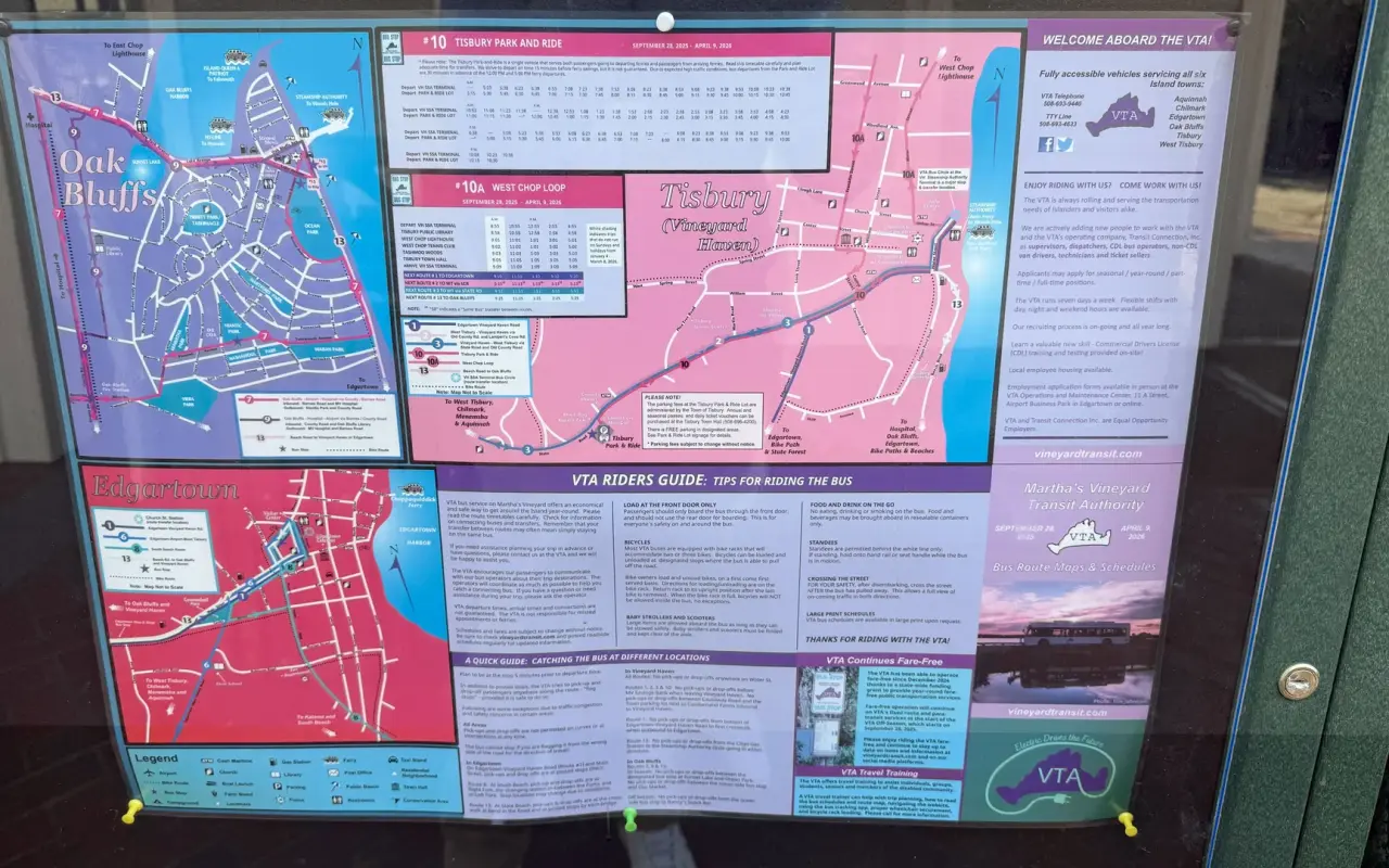 VTA Riders Guide posted at a bus stop in Edgartown