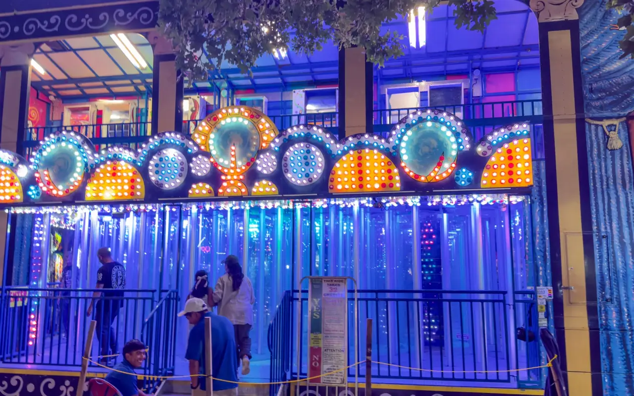 Carnival ride lights at night during the 2026 Agricultural Fair on Martha's Vineyard