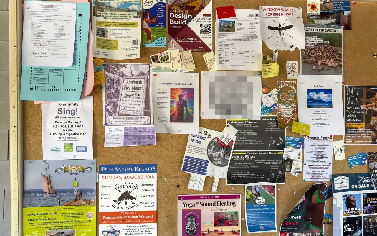 Bulletin board full of event flyers and posters at Cronig’s Up-Island in West Tisbury