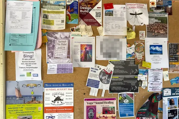 The Cronig's bulletin board in late August: Derby, regatta and concert flyers.