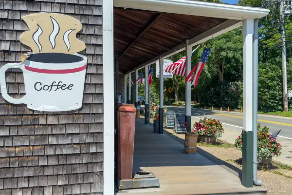 Coffee sign on the shingled porch at Alley's General Store