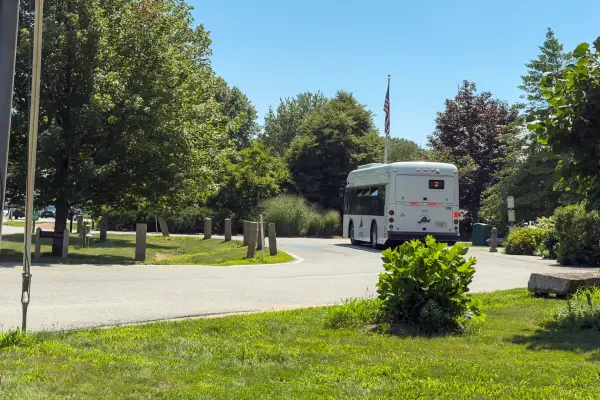 Route 2 VTA bus rounding the corner in West Tisbury center