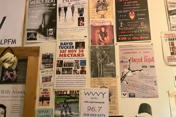 Inside WVVY-LP 96.7: decades of gig posters line the studio walls