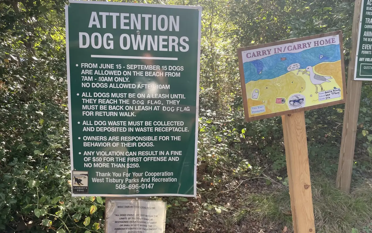 West Tisbury Parks and Recreation sign listing dog rules at Lambert’s Cove Beach