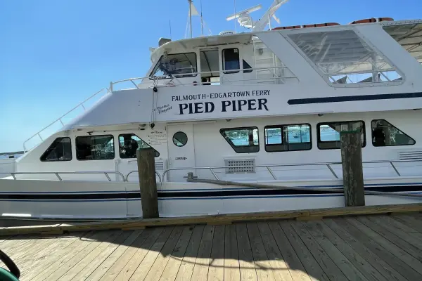 The Pied Piper, the Falmouth to Edgartown ferry, at its Edgartown dock.