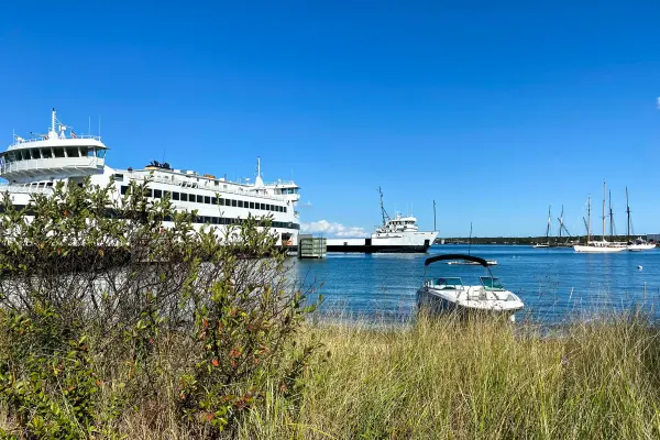 The ferry at the Vineyard Haven slip, dunes in the foreground