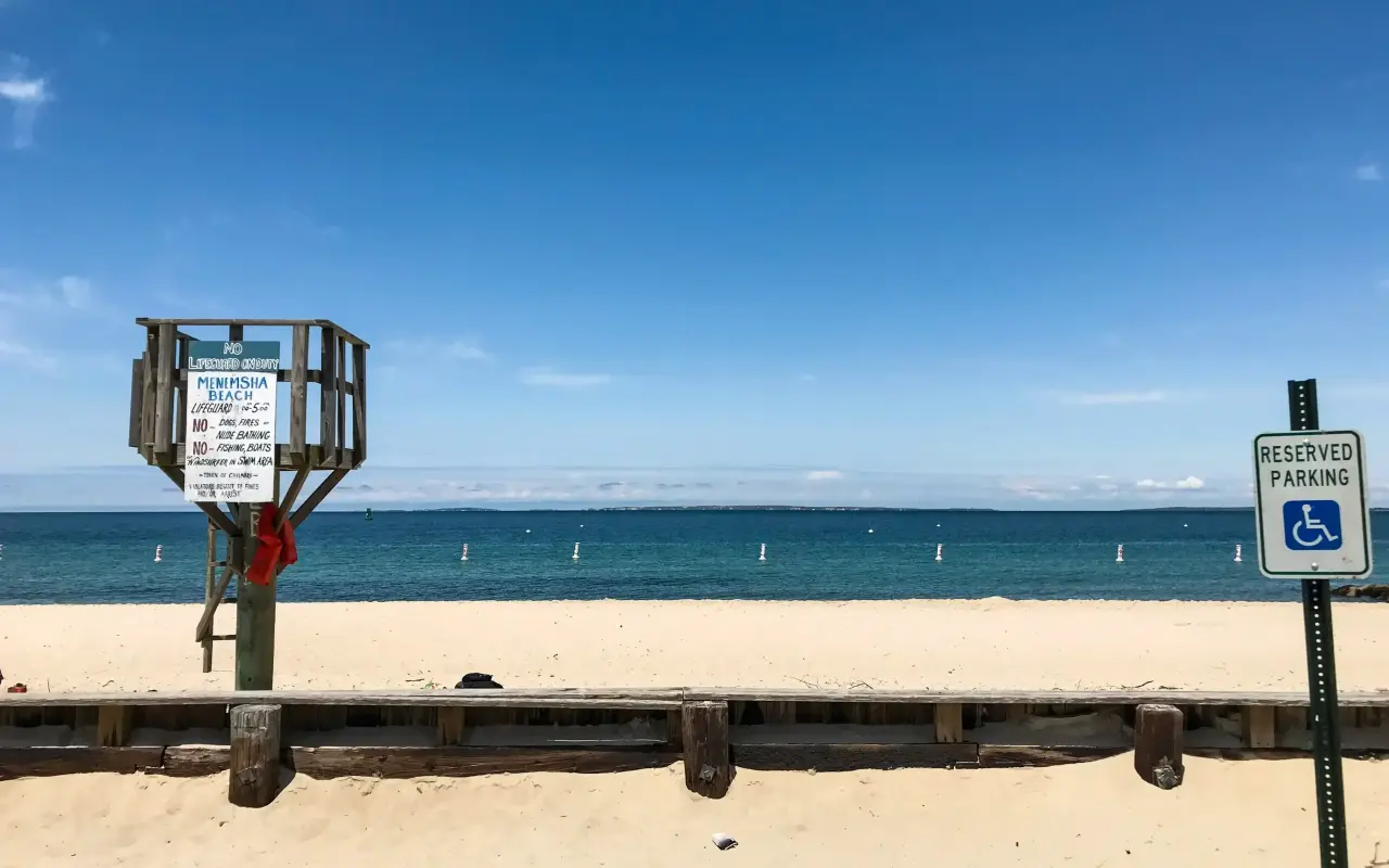 Lifeguard stand and swim buoys at Menemsha Beach in Chilmark