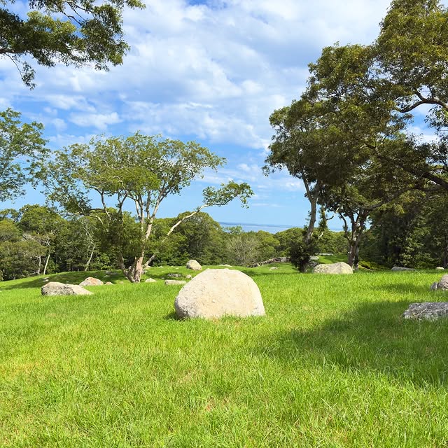 Open field up in West Tisbury. Big glacial boulders scattered in the grass, water just visible throu...