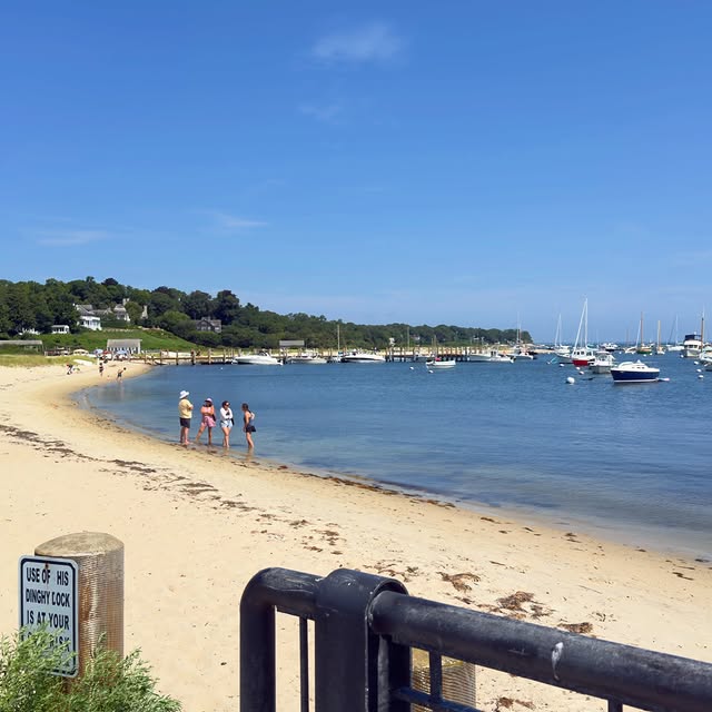 The little beach along Vineyard Haven harbor. Sailboats packed on the moorings, a few people down at...