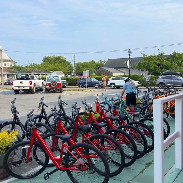 Bikes lined up and waiting in Vineyard Haven. Lots of the island visitors gets around on two wheels...