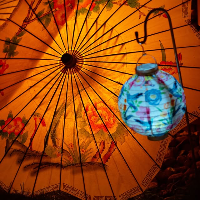 Grand Illumination Night in Oak Bluffs. Painted paper lanterns lit up across the Camp Ground, with a...