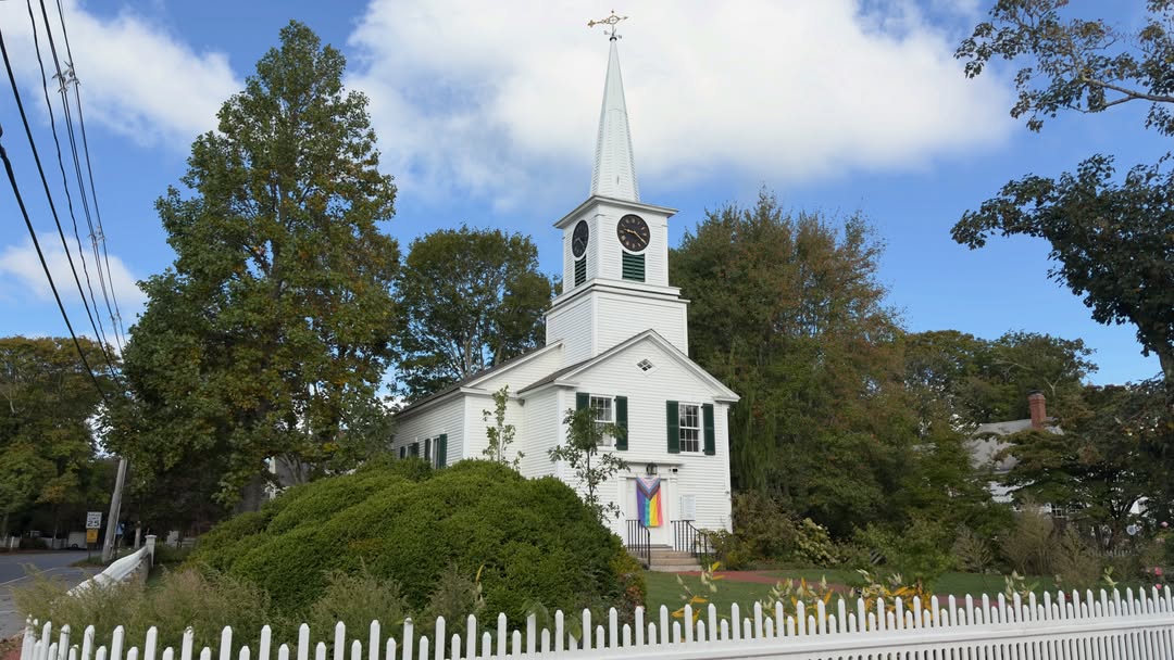 The First Congregational Church of West Tisbury at the corner of State Road and Music Street, a cla...