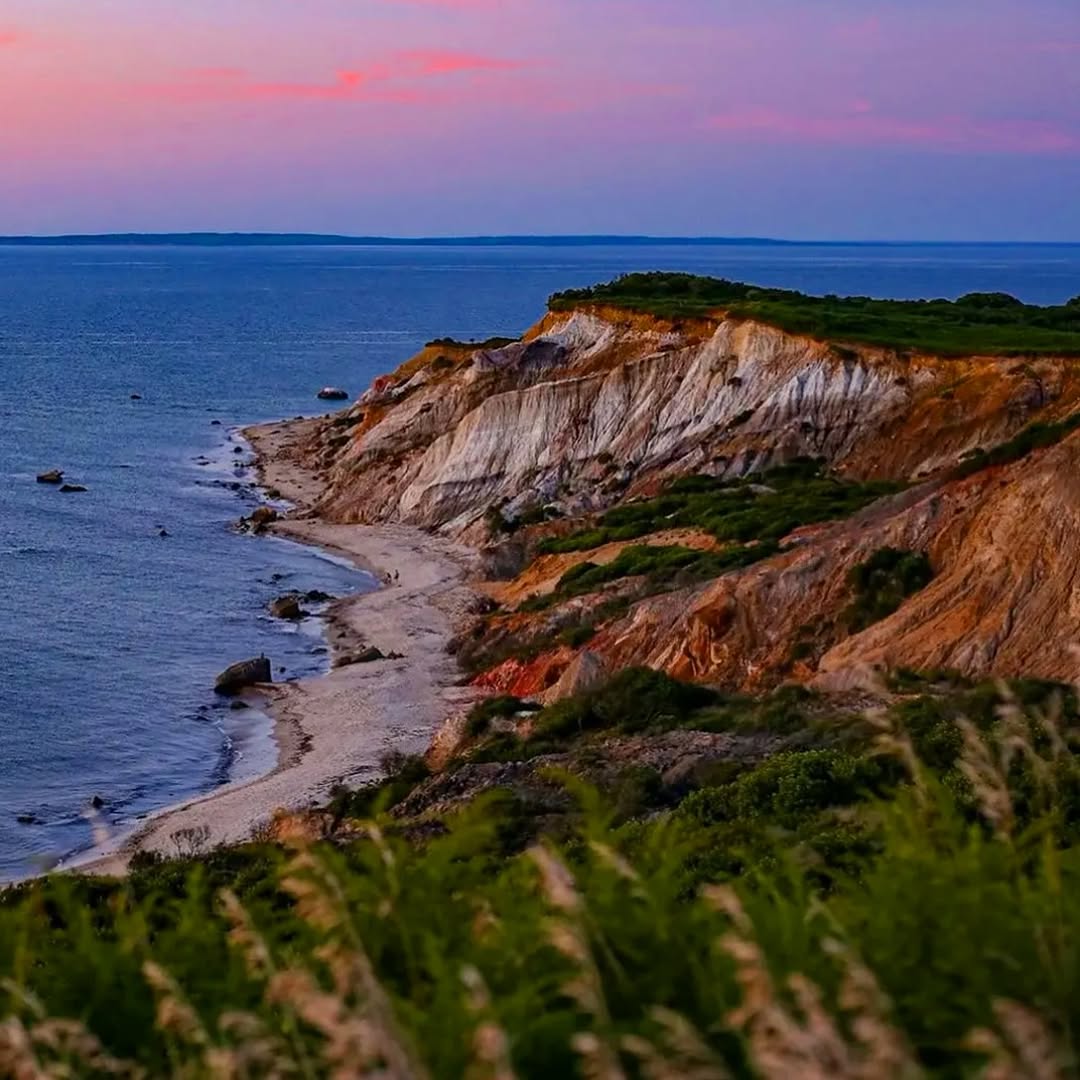 The clay cliffs at Aquinnah, on the western tip of Martha’s Vineyard, rise 130 to 150 feet above the...
