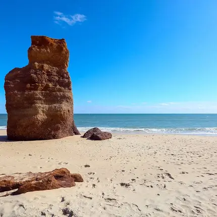 The clay stack on the sand at Lucy Vincent Beach in Chilmark, with the Atlantic behind it. In summer...