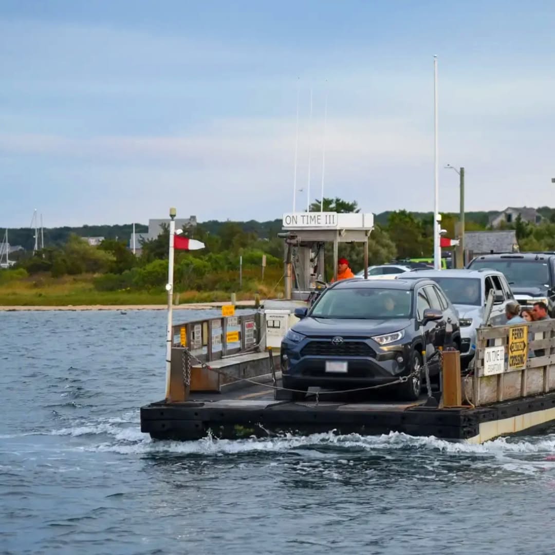 The On Time III crossing Edgartown Harbor to Chappaquiddick. The ferry carries three cars at a time,...