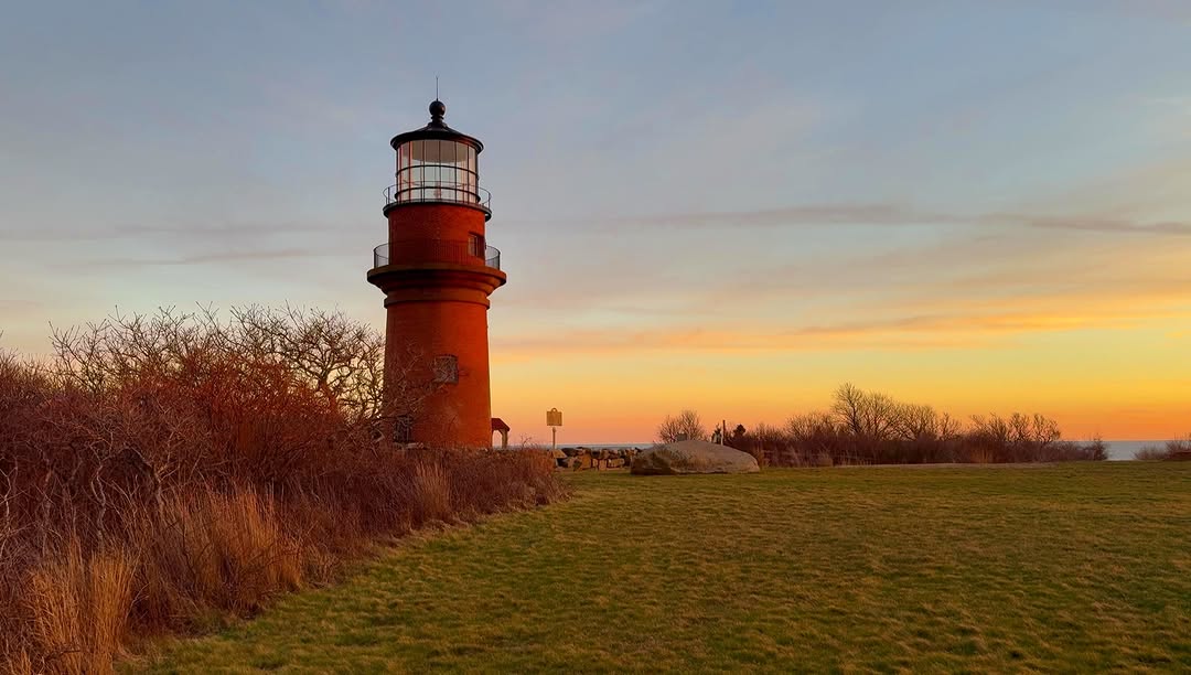 Gay Head Light at sunset on December 20, 2025. The brick tower was finished in 1856, and in 2015 it...