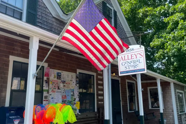 American flag and sign outside Alley's General Store, established 1858