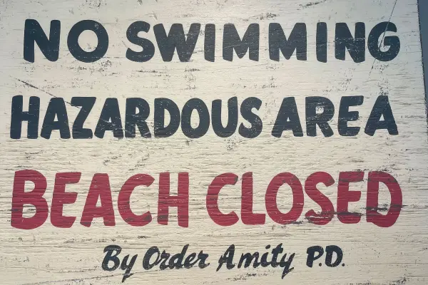 Amity P.D. Beach Closed sign from Jaws at the Martha's Vineyard Museum